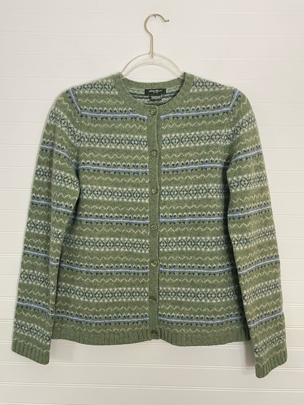 Eddie Bauer 100% Lambs Wool Fair Isle Multicolored Green Blue Cardigan Small